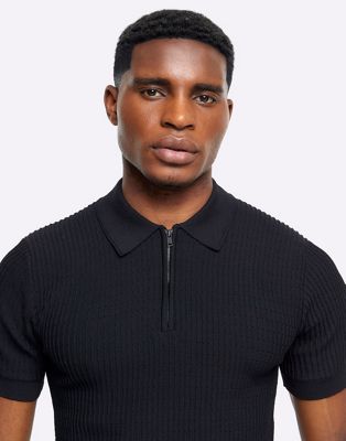 River Island Muscle fit rib half zip polo in black