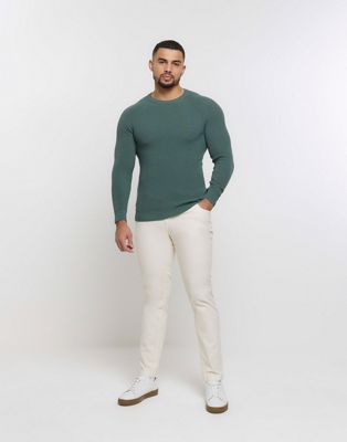 River Island Muscle fit rib jumper in green - ASOS Price Checker