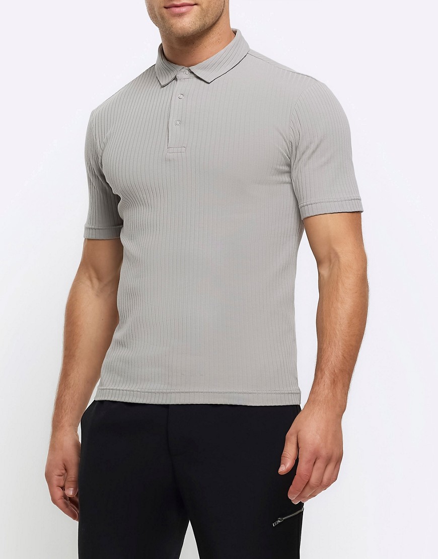 River Island Muscle fit rib short sleeve polo in grey - light