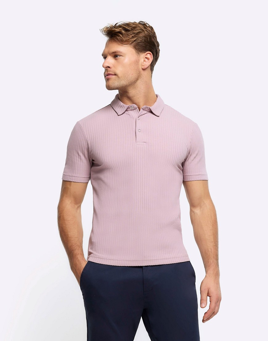 River Island Muscle fit rib short sleeve polo in pink - medium