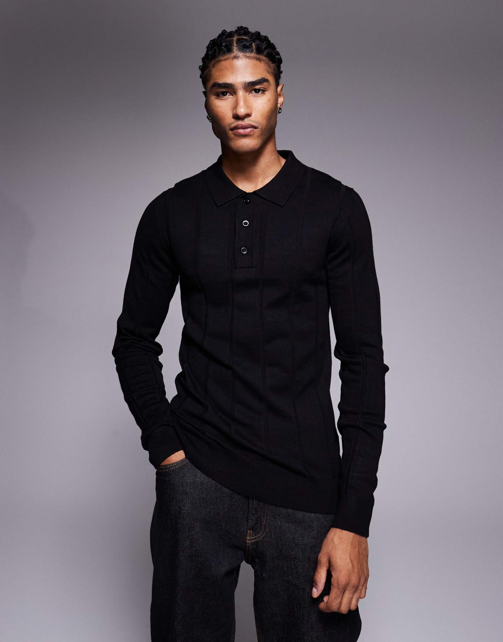 Поло из плотного трикотажа в рубчик River Island muscle fit черного цвета