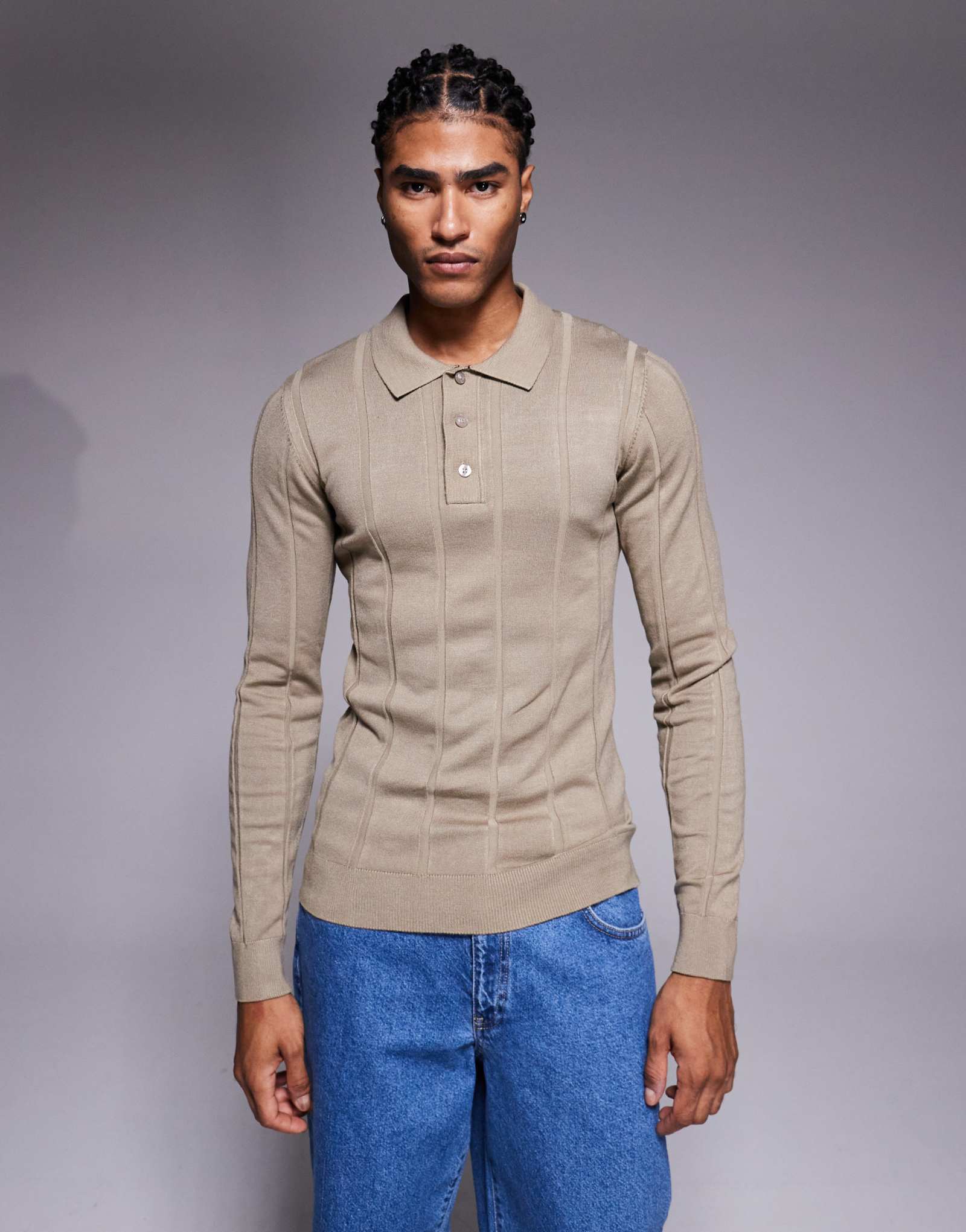 Трикотажное поло River Island muscle fit в рубчик из камня
