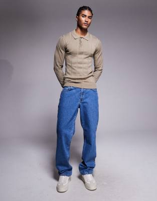River Island Muscle Fit Ribbed Knit Polo In Brown