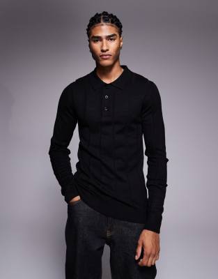 River Island River Island muscle fit ribbed knitted polo in black