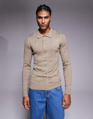 River Island River Island muscle fit ribbed knitted polo in stone-Neutral
