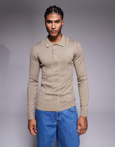 River Island muscle fit ribbed knitted polo in stone - view 1