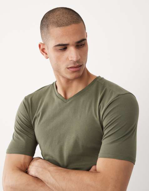 River Island - Muscle fit T-shirt met V-hals in kaki - view 1