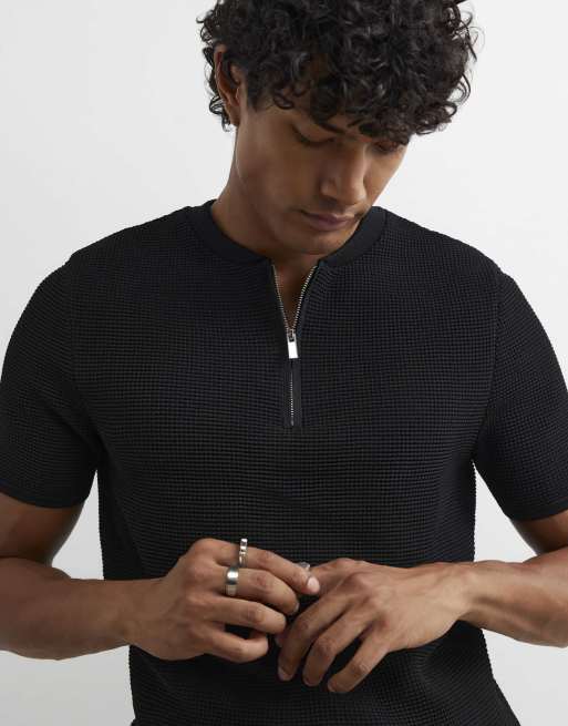 River Island Muscle fit textured henley neck shirt in black, 3 of 4