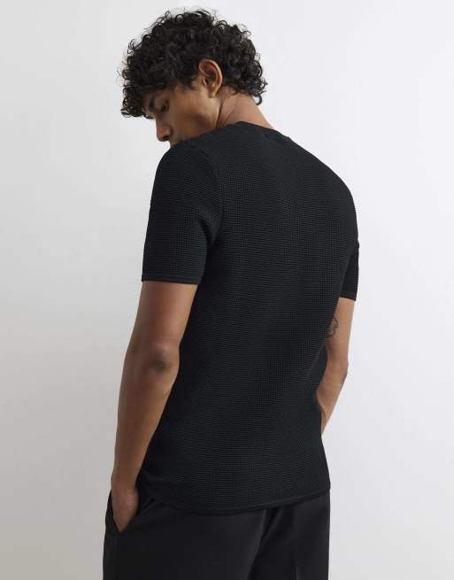 River Island Muscle fit textured henley neck shirt in black, 4 of 4