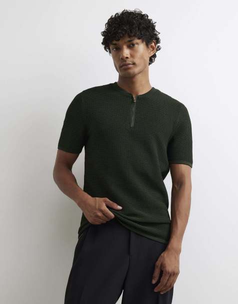 River Island Muscle fit textured henley neck t-shirt in khaki - view 1