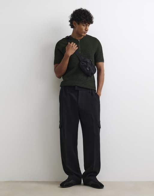 River Island Muscle fit textured henley neck t-shirt in khaki, 3 of 4
