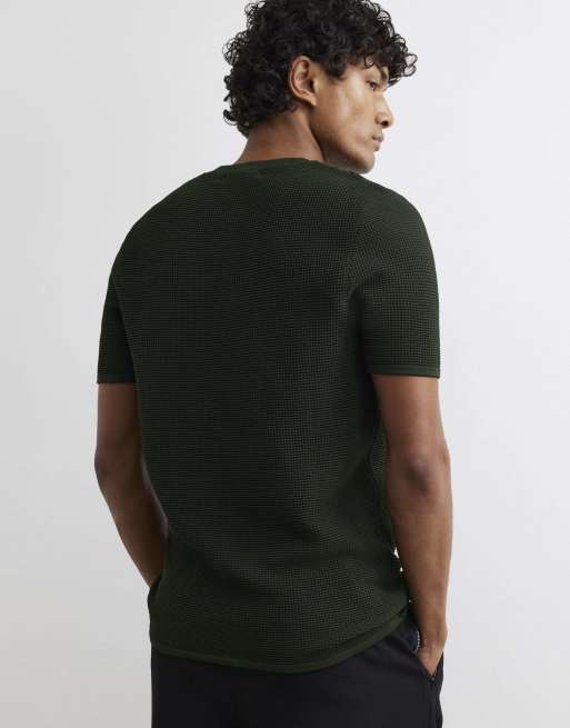 River Island Muscle fit textured henley neck t-shirt in khaki, 4 of 4