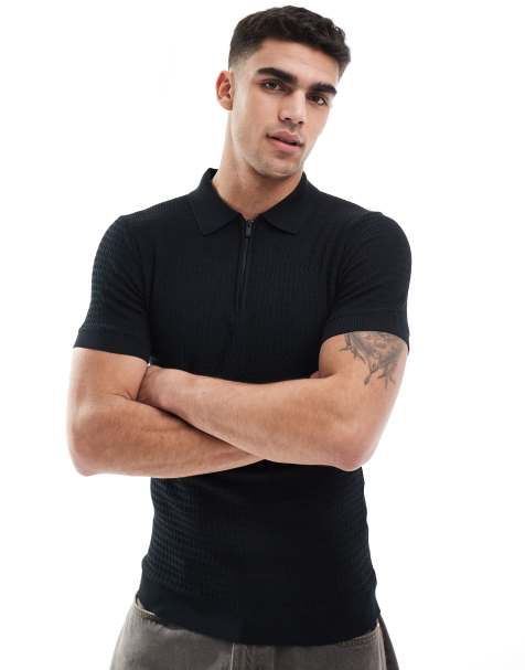 River Island muscle fit textured knit polo in black - view 1