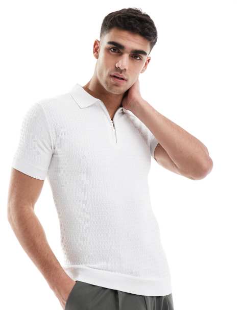 River Island muscle fit textured knit polo in white