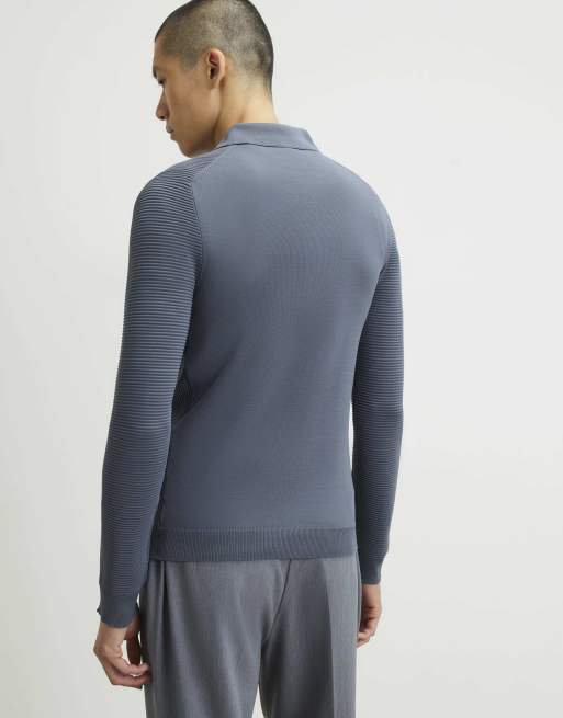 River Island Muscle fit textured polo shirt in grey - dark, 4 of 4