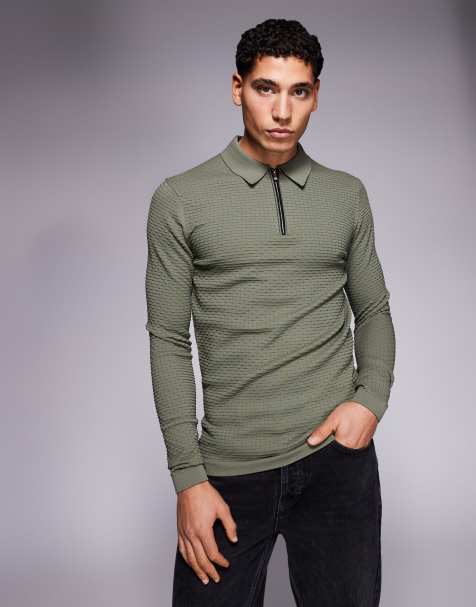 River Island muscle fit textured zip knitted polo in green