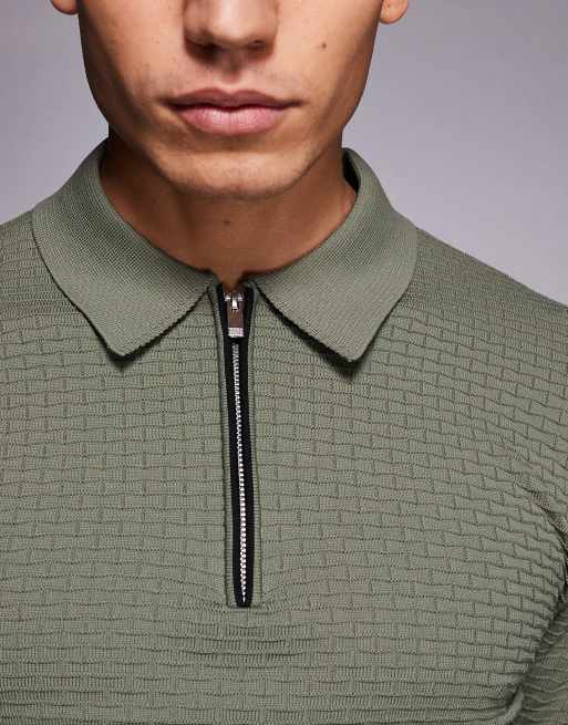 River Island muscle fit textured zip knitted polo in green, 5 of 5