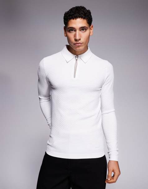 River Island muscle fit textured zip knitted polo in white
