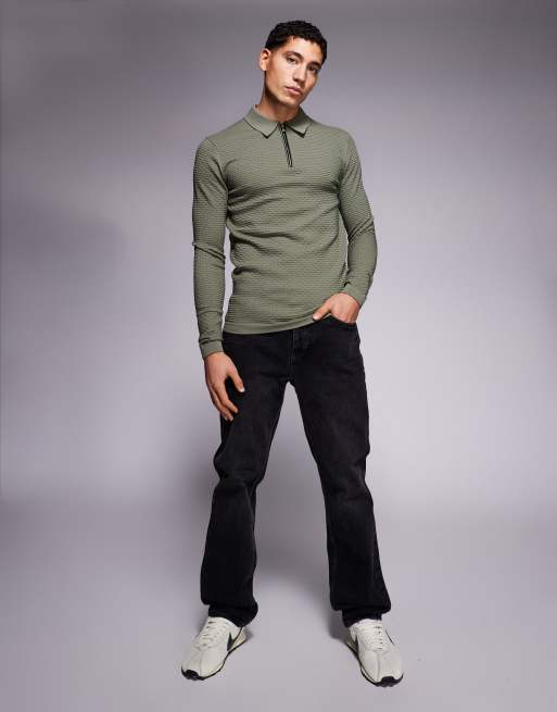 River Island muscle fit textured zip knitted polo shirt in green, 2 of 5