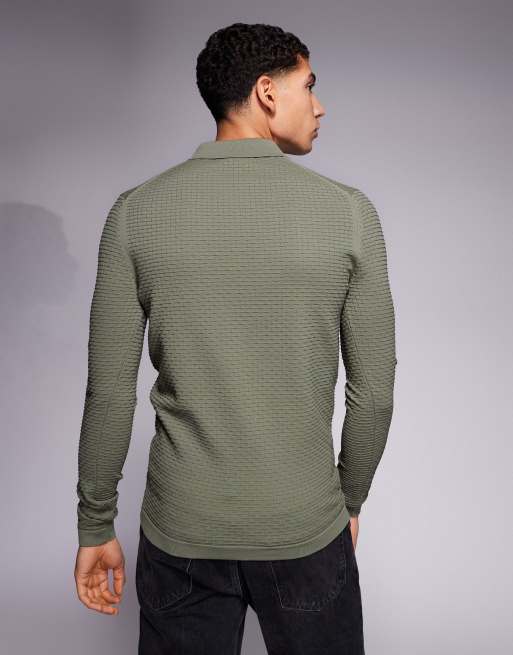 River Island muscle fit textured zip knitted polo shirt in green, 3 of 5