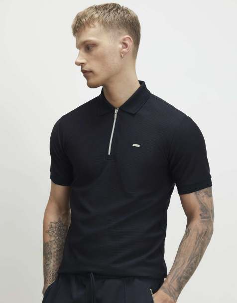 River Island Muscle fit textured zip polo shirt in navy - view 1