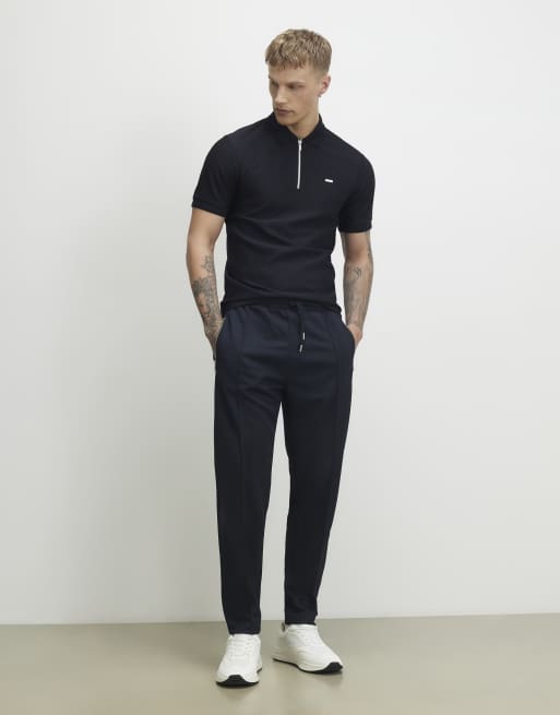 River Island Muscle fit textured zip polo shirt in navy , 2 of 4