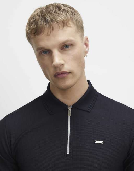 River Island Muscle fit textured zip polo shirt in navy , 3 of 4