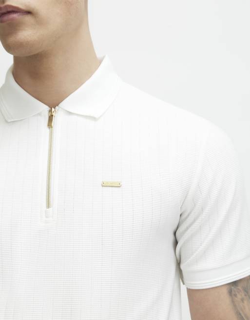 River Island Muscle fit textured zip polo shirt in white, 2 of 4