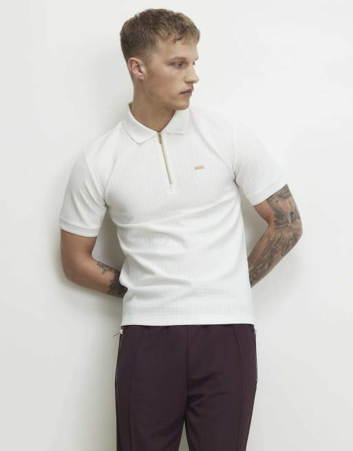 River Island Muscle fit textured zip polo shirt in white, 3 of 4