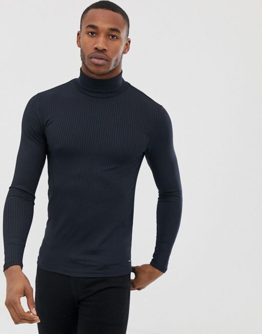 River Island muscle fit top with roll neck in navy | ASOS