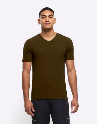 River Island Muscle fit v neck t-shirt in khaki - dark