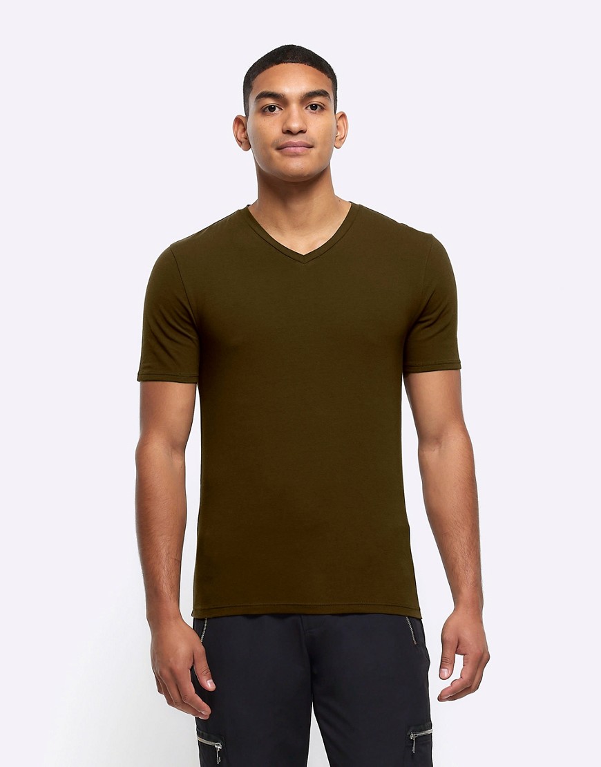 River Island Muscle fit v neck t-shirt in khaki - dark-Green