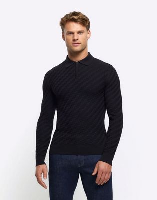 River Island Muscle fit zig zag knit polo in black
