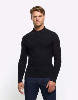 River Island Muscle fit zig zag knit polo in black