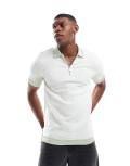 River Island muscle fit zip polo in white and green