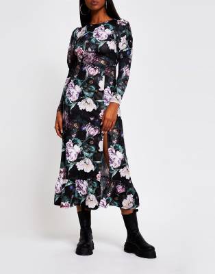 asos black floral midi dress