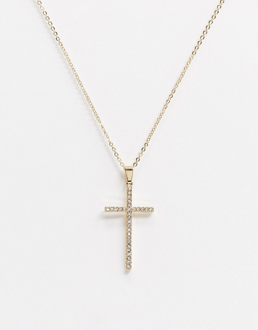 River Island neck chain with cross pendant and rhinestones in gold