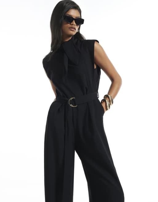 River Island Neck tie jumpsuit in black, 2 of 4