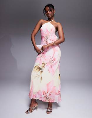 River Island - Neckholder-Maxikleid in Gelb mit Blumenmuster und verziertem Detail