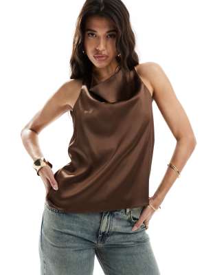 River Island - Neckholder-Oberteil aus Satin in Braun-Brown