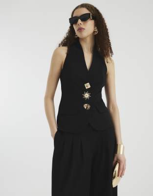 River Island - Neckholder-Weste in Schwarz mit Knopfleiste