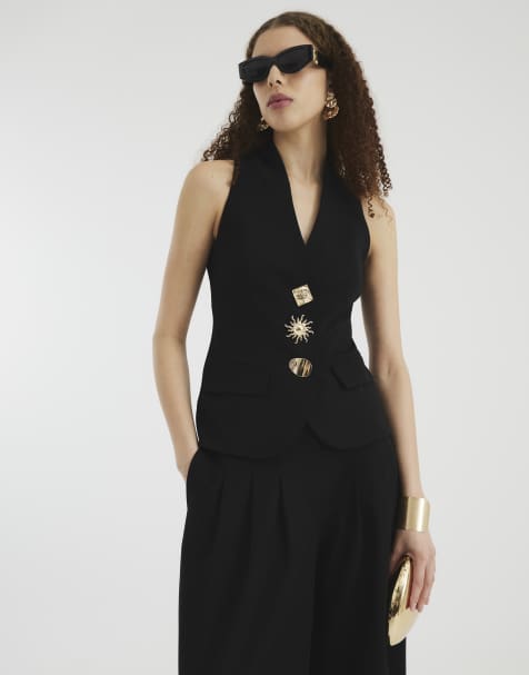 River Island – Neckholder-Weste in Schwarz mit Knopfleiste - view 1