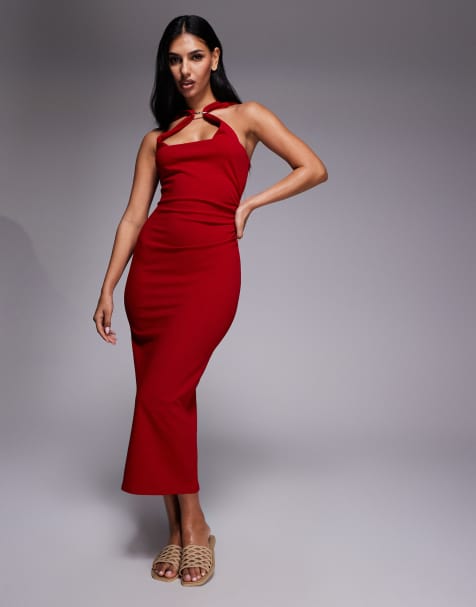 River Island neckline detail halterneck midi dress in red