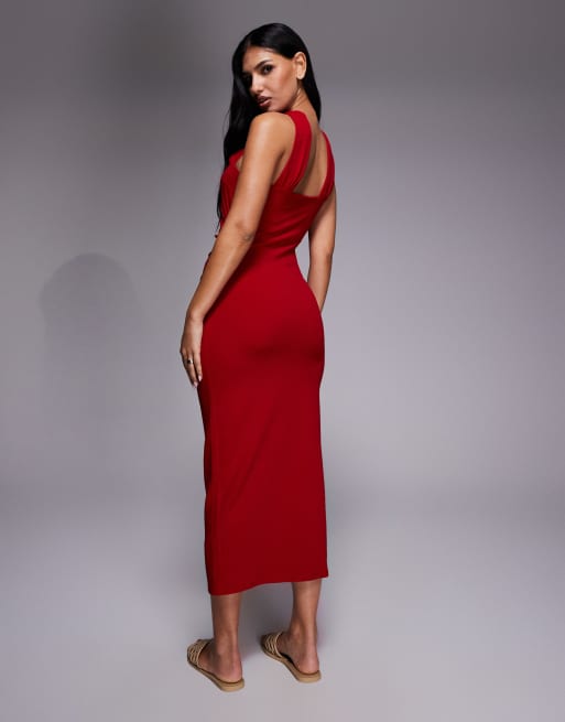 River Island neckline detail halterneck midi dress in red, 3 of 4