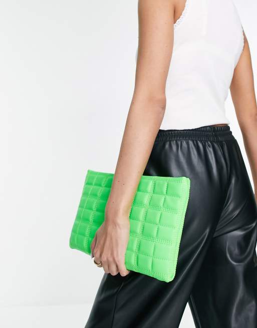 River Island neon quilted clutch bag in green