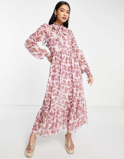 River Island - Nette midi jurk met gestrikte hals en bloemenprint in lichtroze