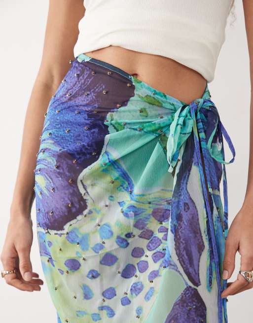 River Island – Niebieska spódnica plażowa maxi ze wzorem w liście, 3 z 5
