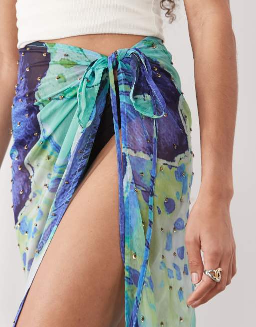 River Island – Niebieska spódnica plażowa maxi ze wzorem w liście, 5 z 5