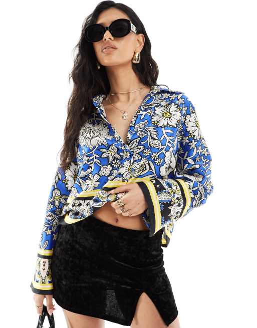 River Island – Niebieska wzorzysta koszula z ozdobnym obszyciem