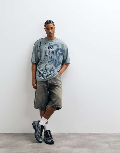 River Island – Niebieski sprany T-shirt oversize z japońską grafiką - view 1